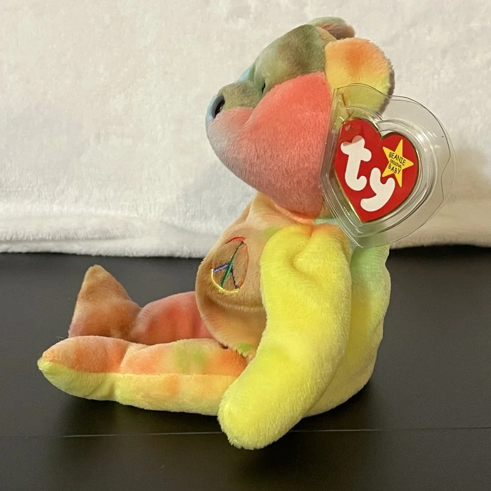 Ty Beanie Baby PEACE Bear 1996 Multicolor with ❤️ Heart Tag Tie Dye Neon Colors